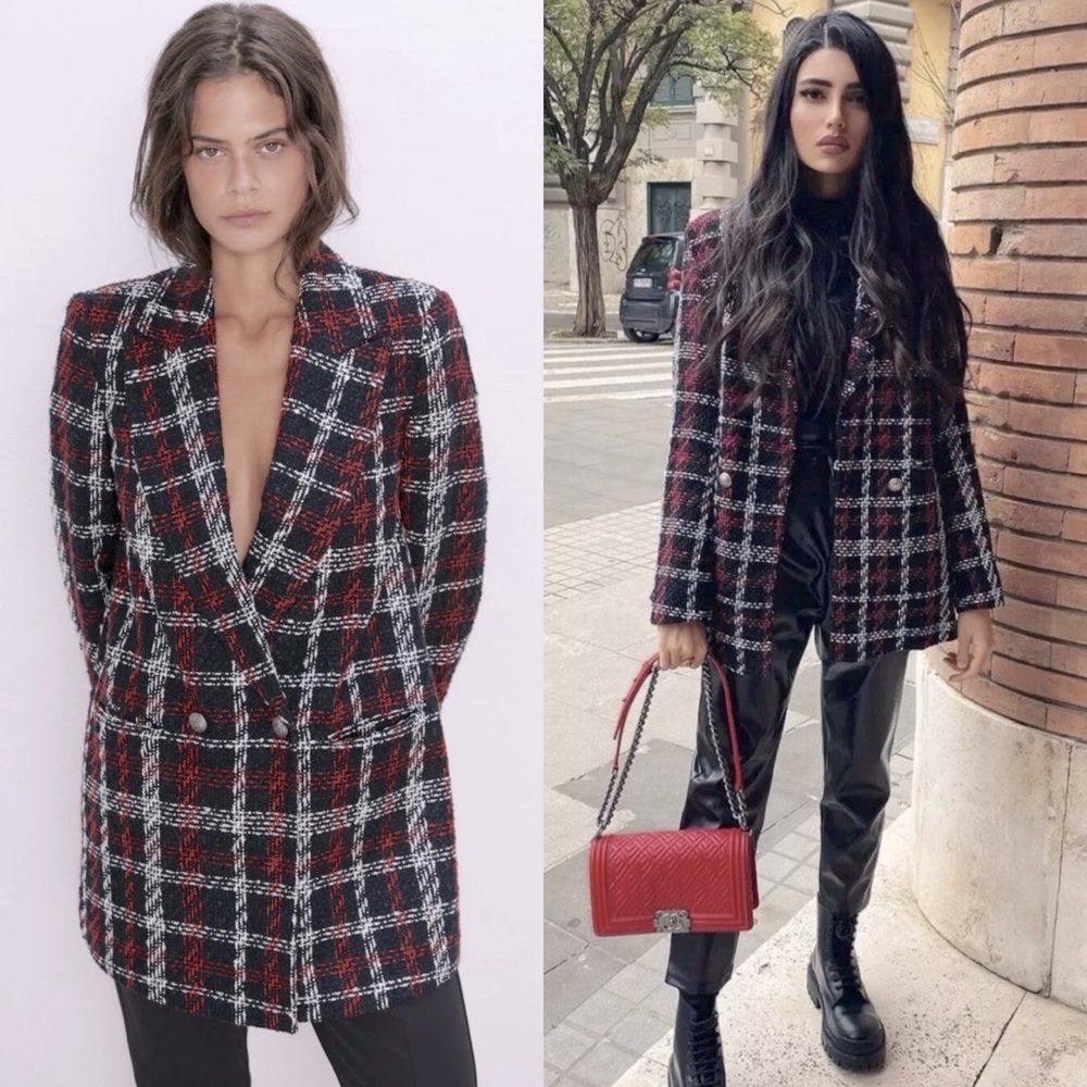 ZARA Tweed PLAID DOUBLE BREASTED BLAZER NAVY BLUE/RED SIZE XS NEW